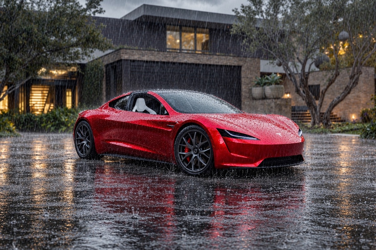 Tesla Roadster pluie